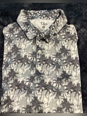 1764 Men’s Golf Polo Shirt Performance AOP Palm Tree Print, Greys White Large